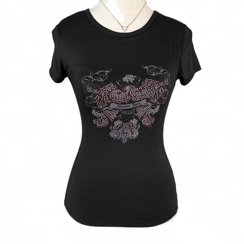 Black Y2K Mcbling Hearts Faded Love Black Short Sleeve Baby Tee Very Size M